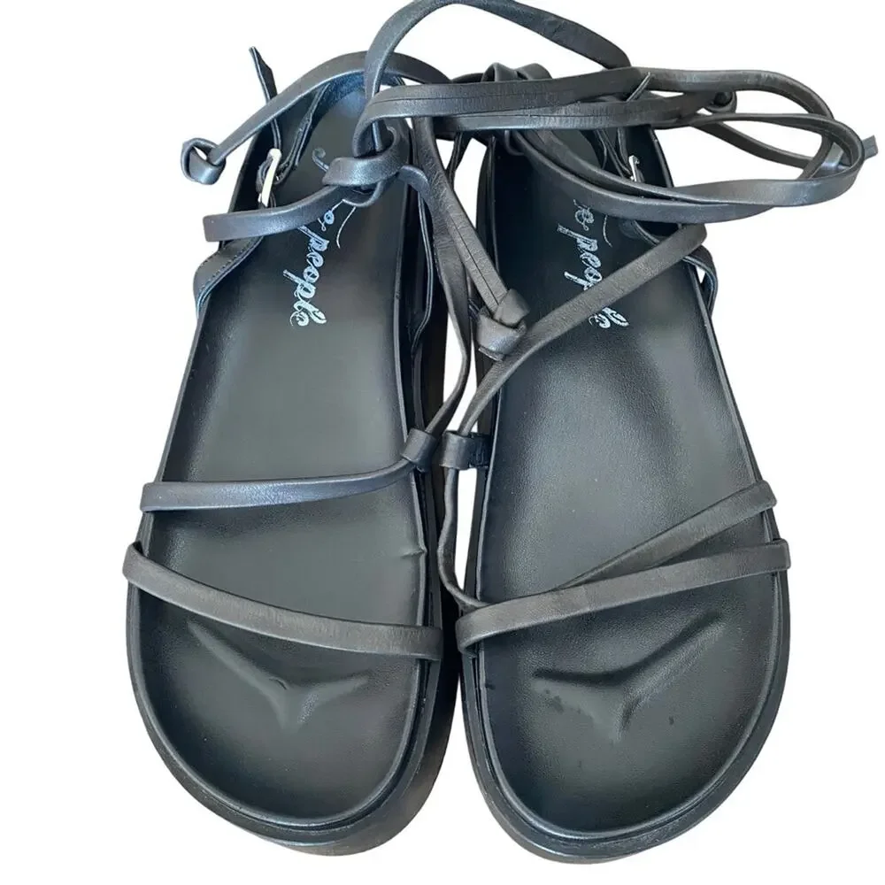 Free People Midnight Mood Black Leather Platform Lace Up Sandals 39 size 9 - Picture 8 of 10